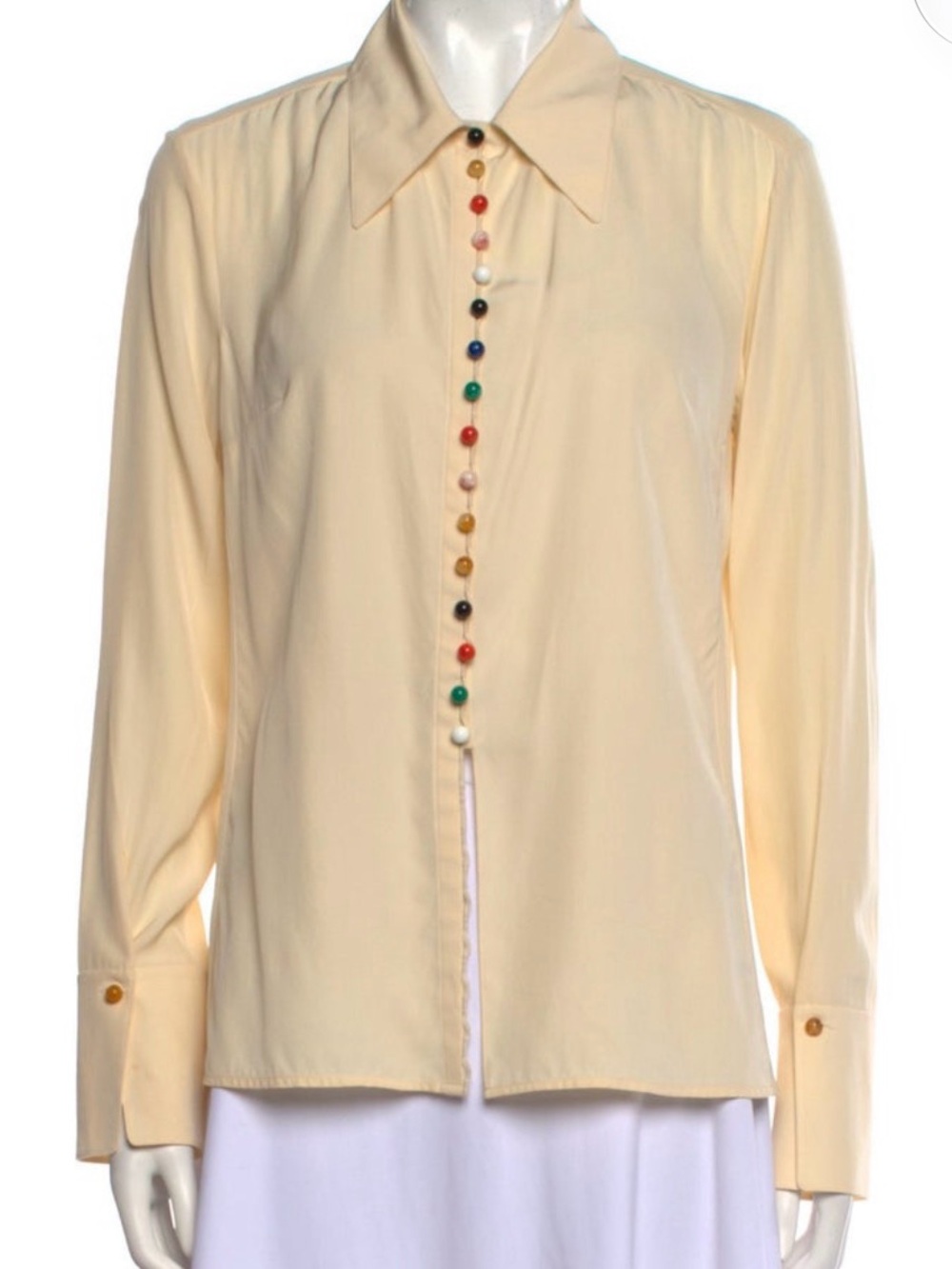 Chloe Cream Button-Front Long-Sleeve Shirt with Multicolored Bead Buttons